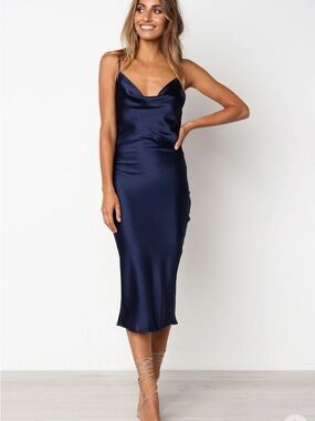 NWT Petal and Pup Persia Dress-satin cowl neck navy -6